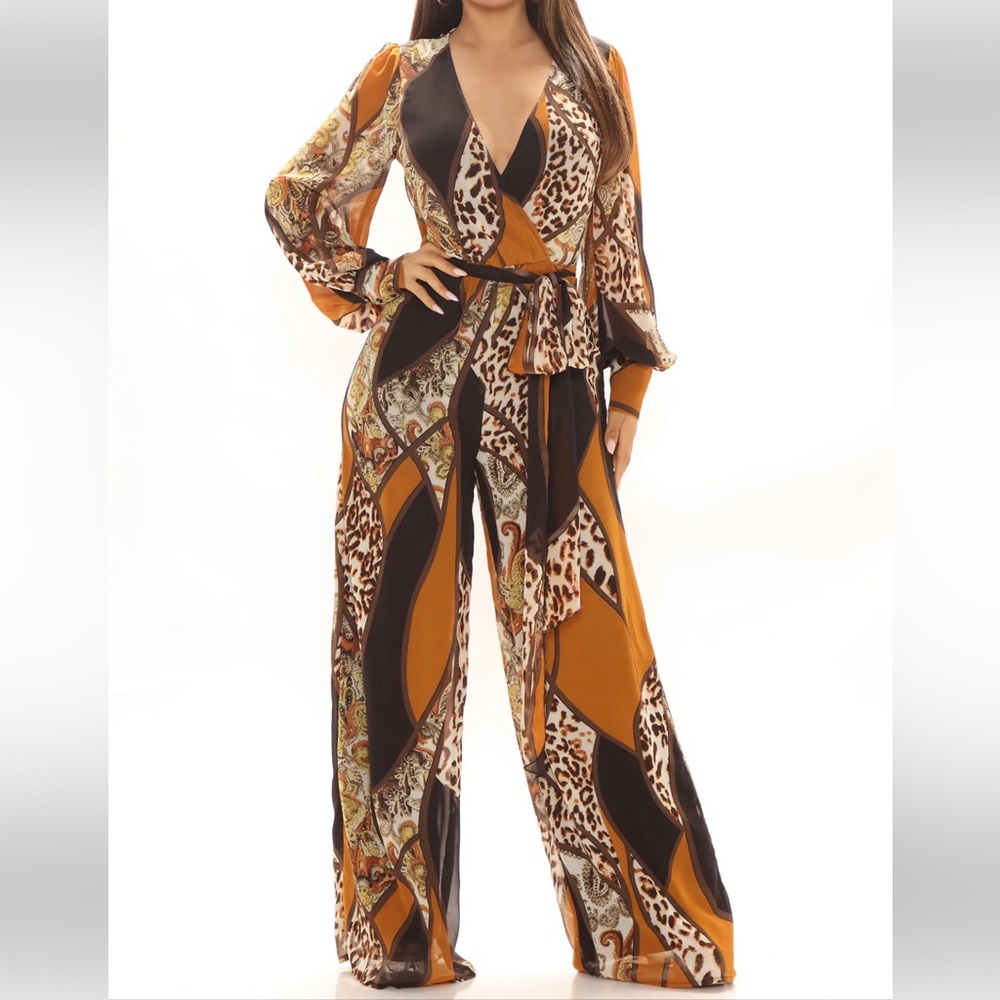 Fashion Nova Kristin Printed Jumpsuit Mustard/Combo